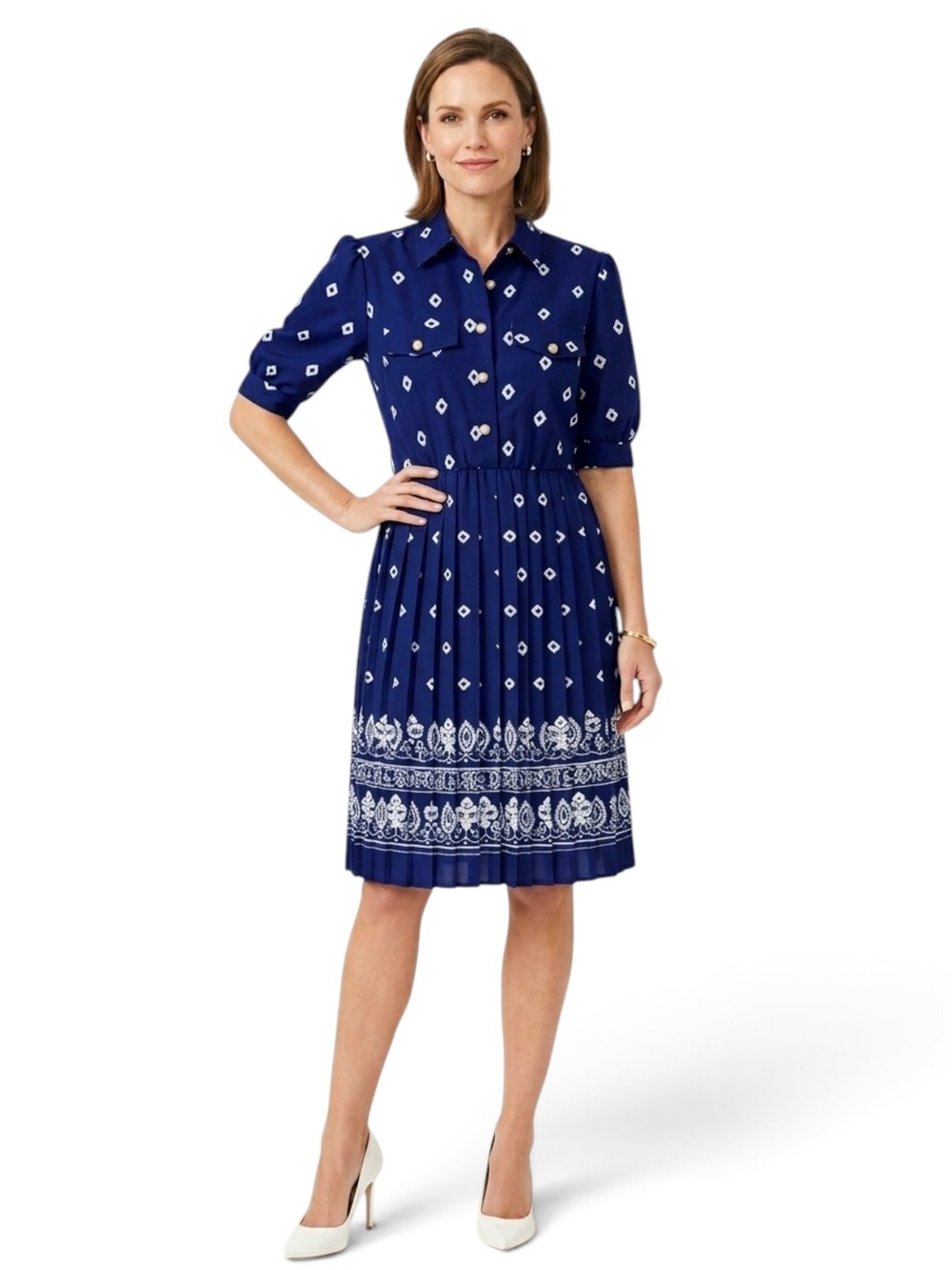 Vintage Breli Originals Blue White Geometric Pleated Midi Dress Sz 8 USA ILGWU